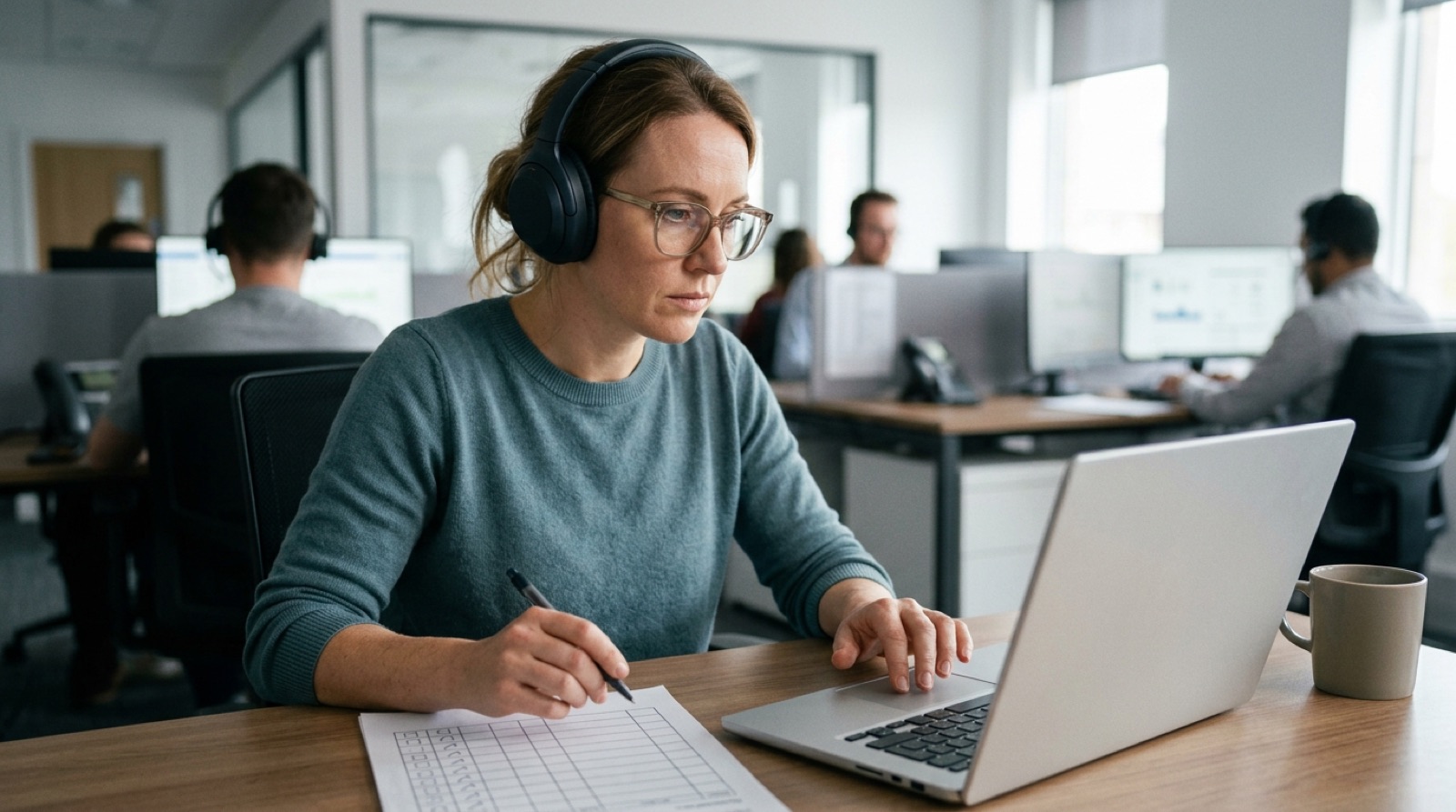 QA lead with headphones reviewing a call and scoring it on a paper form