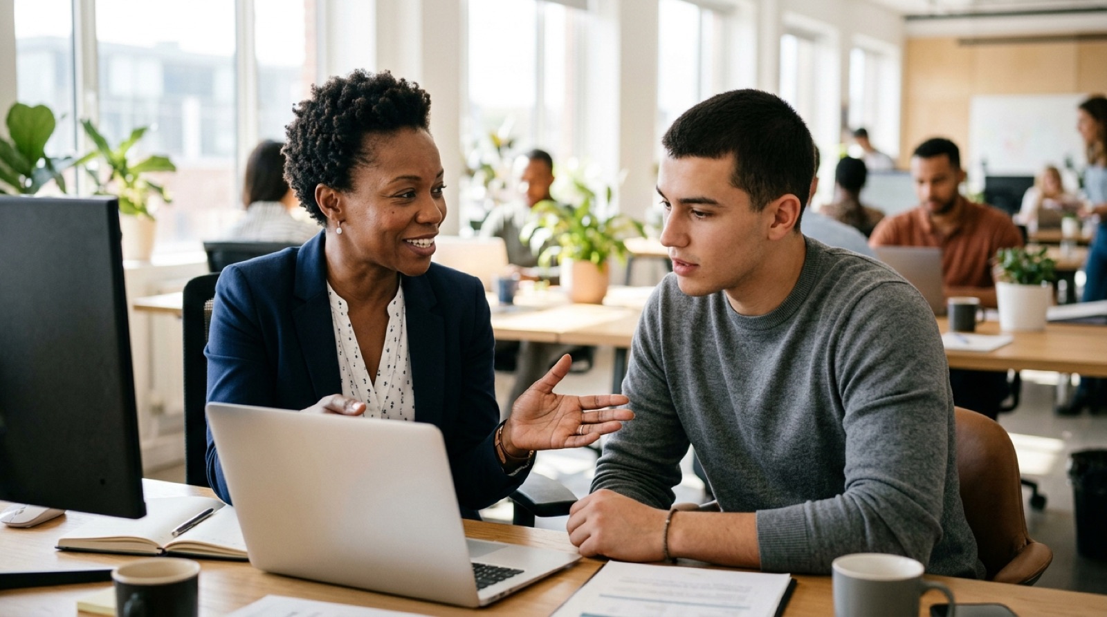 Sales manager coaching a rep over a laptop in a bright office