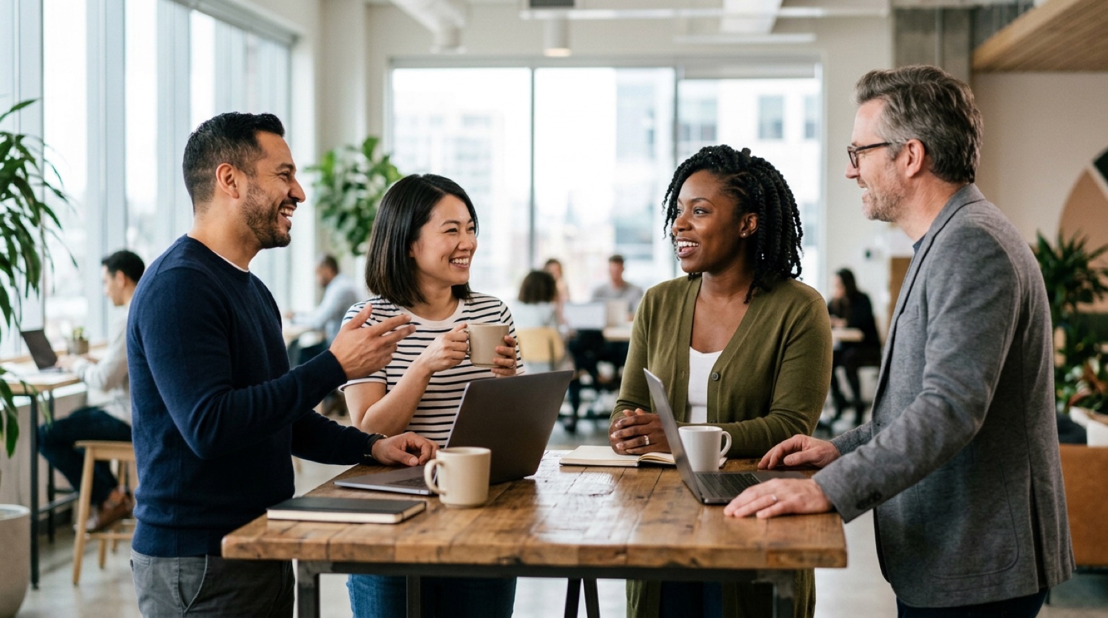 Four colleagues talking around a standing table during a team call review