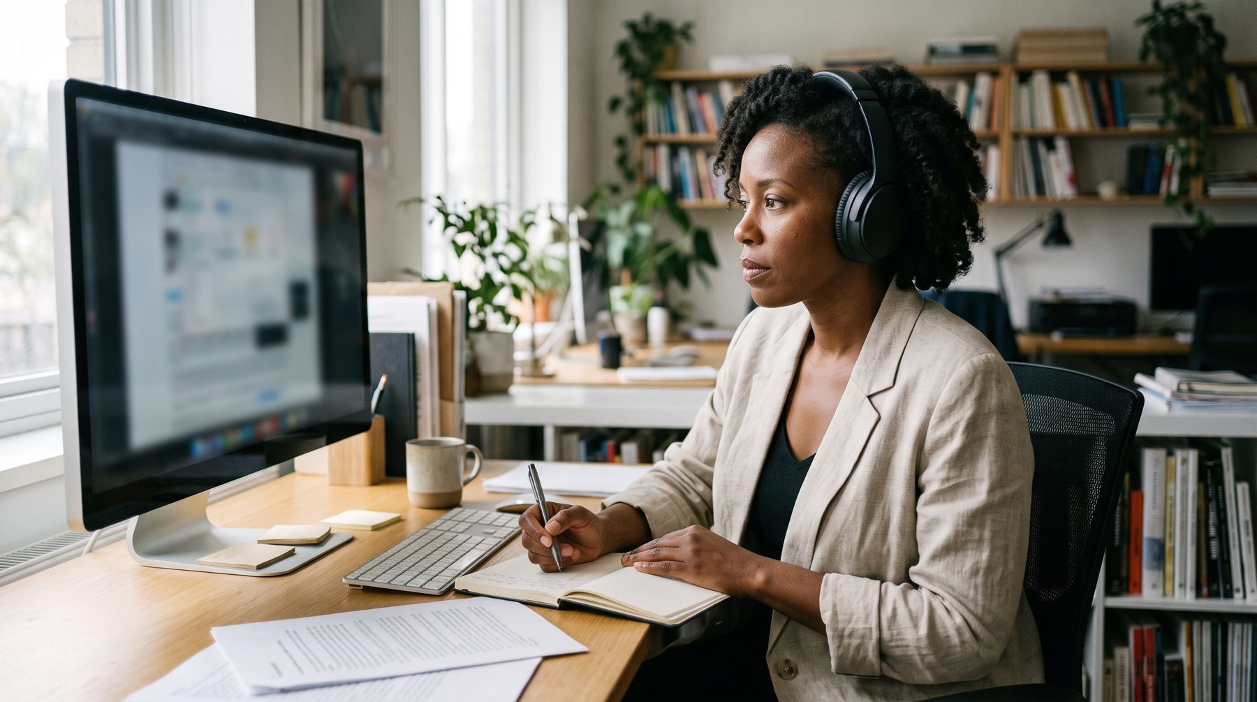 A woman editor wearing headphones works at a desk in front of a monitor in a quiet office.