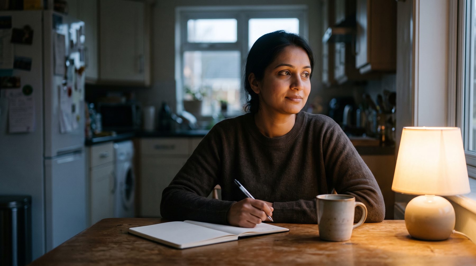 A woman sits at a kitchen table at night with a pen and notebook, thinking, a mug and lamp beside her.