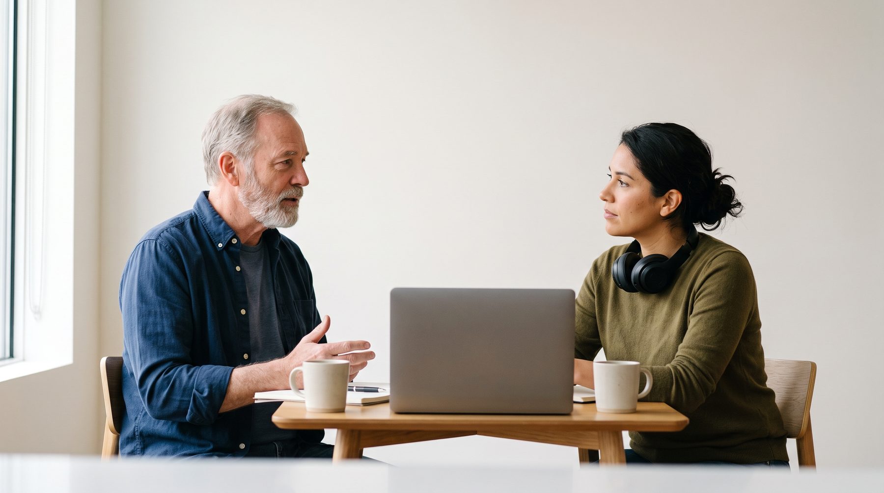 A supervisor and a younger colleague talk across a small table in a bright room.