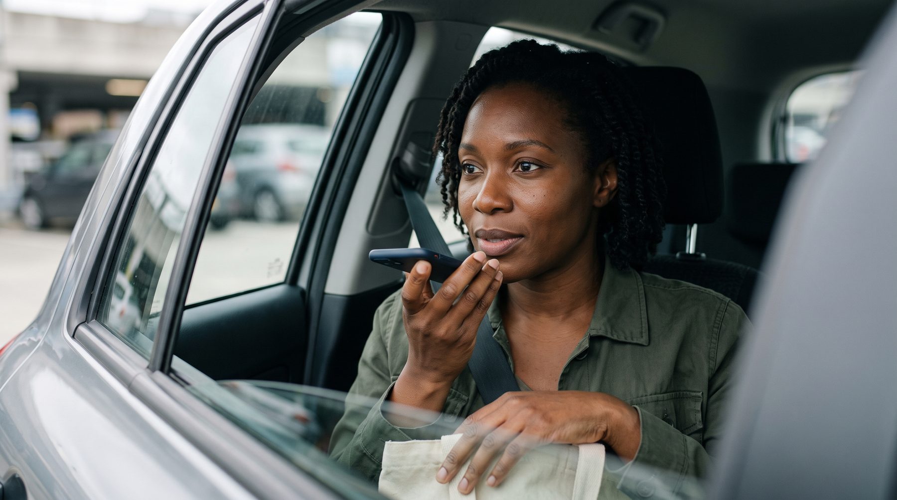 A woman sits in a parked car speaking into a phone, with a bag on the passenger seat.
