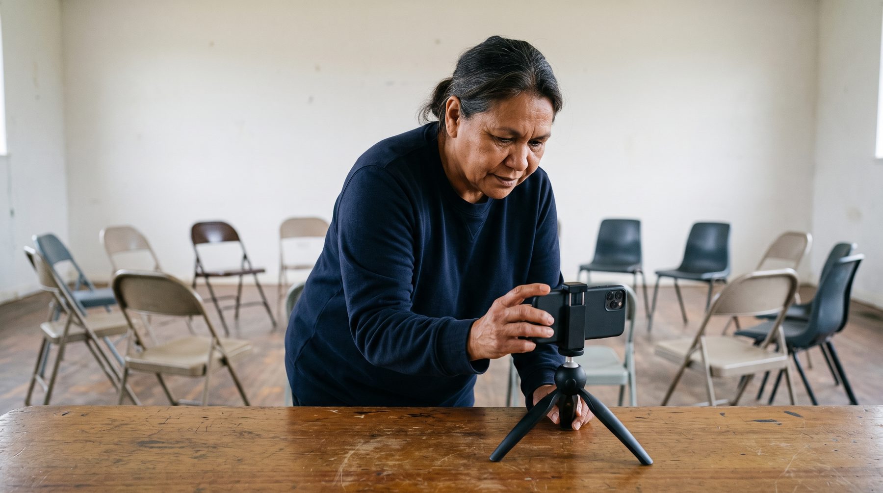 A woman leans over a table adjusting a phone on a small tripod in a plain hall with chairs in a circle.