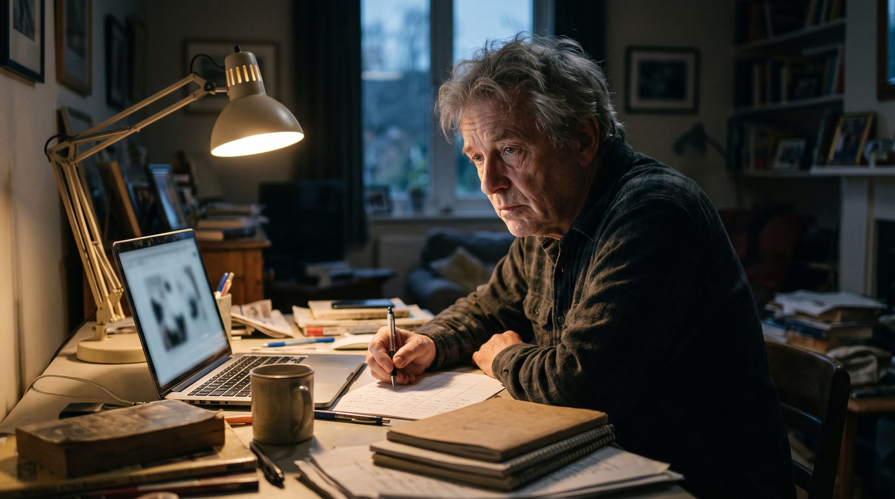 A man works late at a desk, watching a video on a laptop while handwriting notes beside a stack of notebooks.