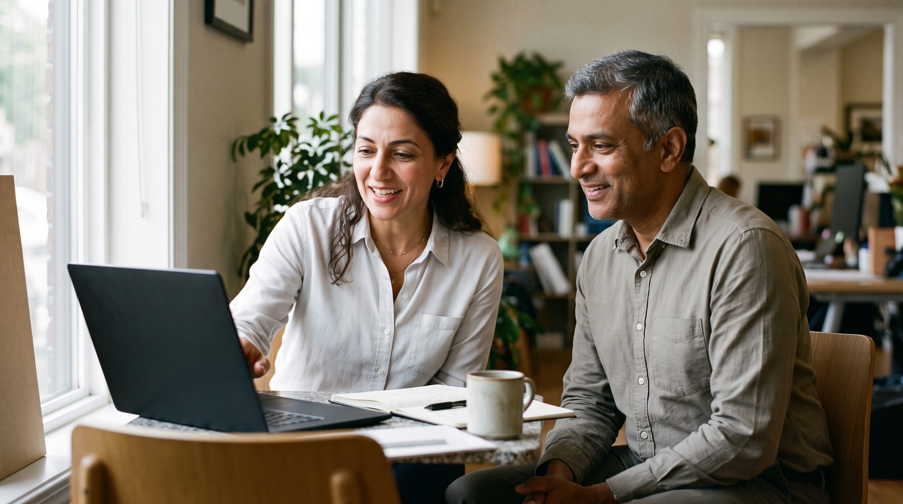 A manager and a client go over a laptop together in a sunlit meeting nook, smiling.