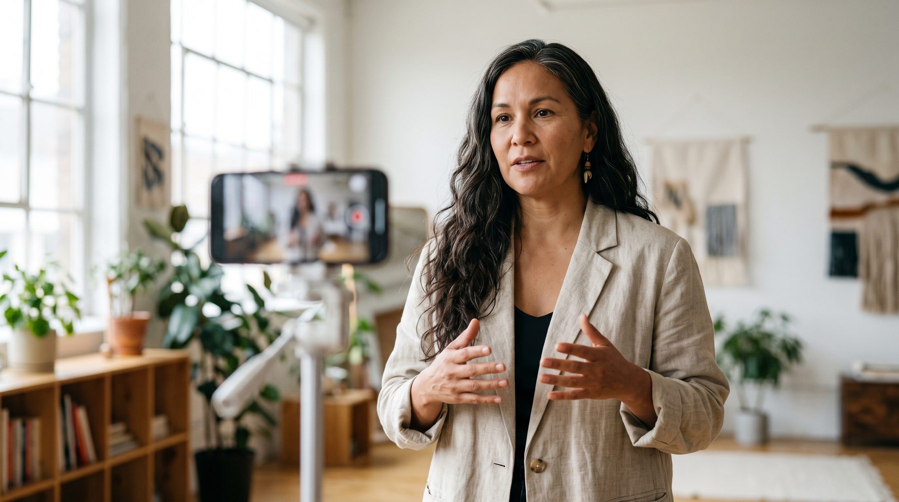 A woman coach in a blazer gestures confidently while delivering a session in front of a phone on a tripod.