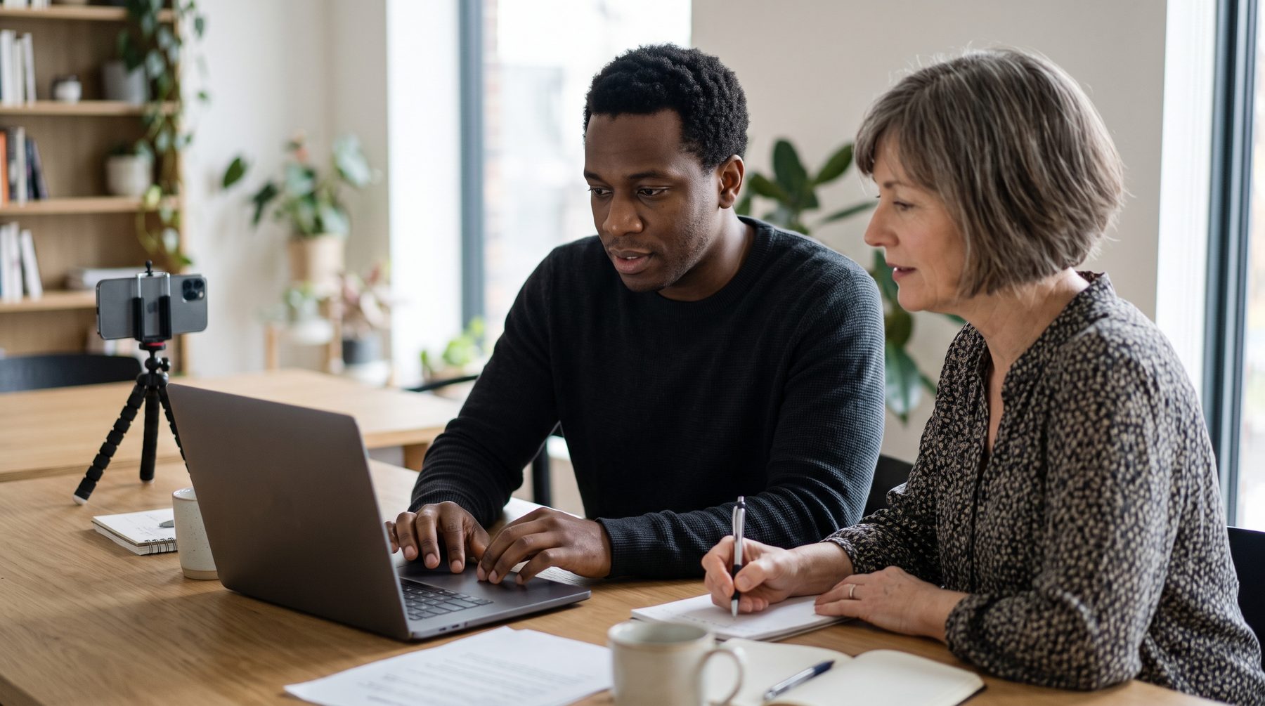 Two colleagues sit side by side at a desk reviewing a session on a laptop, one taking notes.