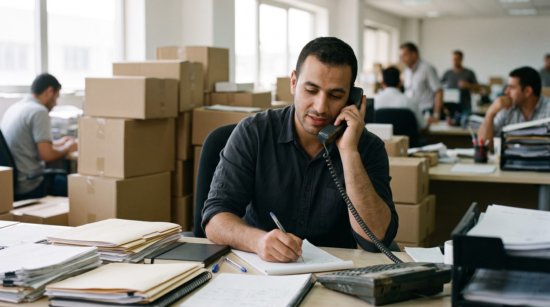 A man on the phone takes notes at a paper-covered desk in a busy office with boxes stacked behind him.