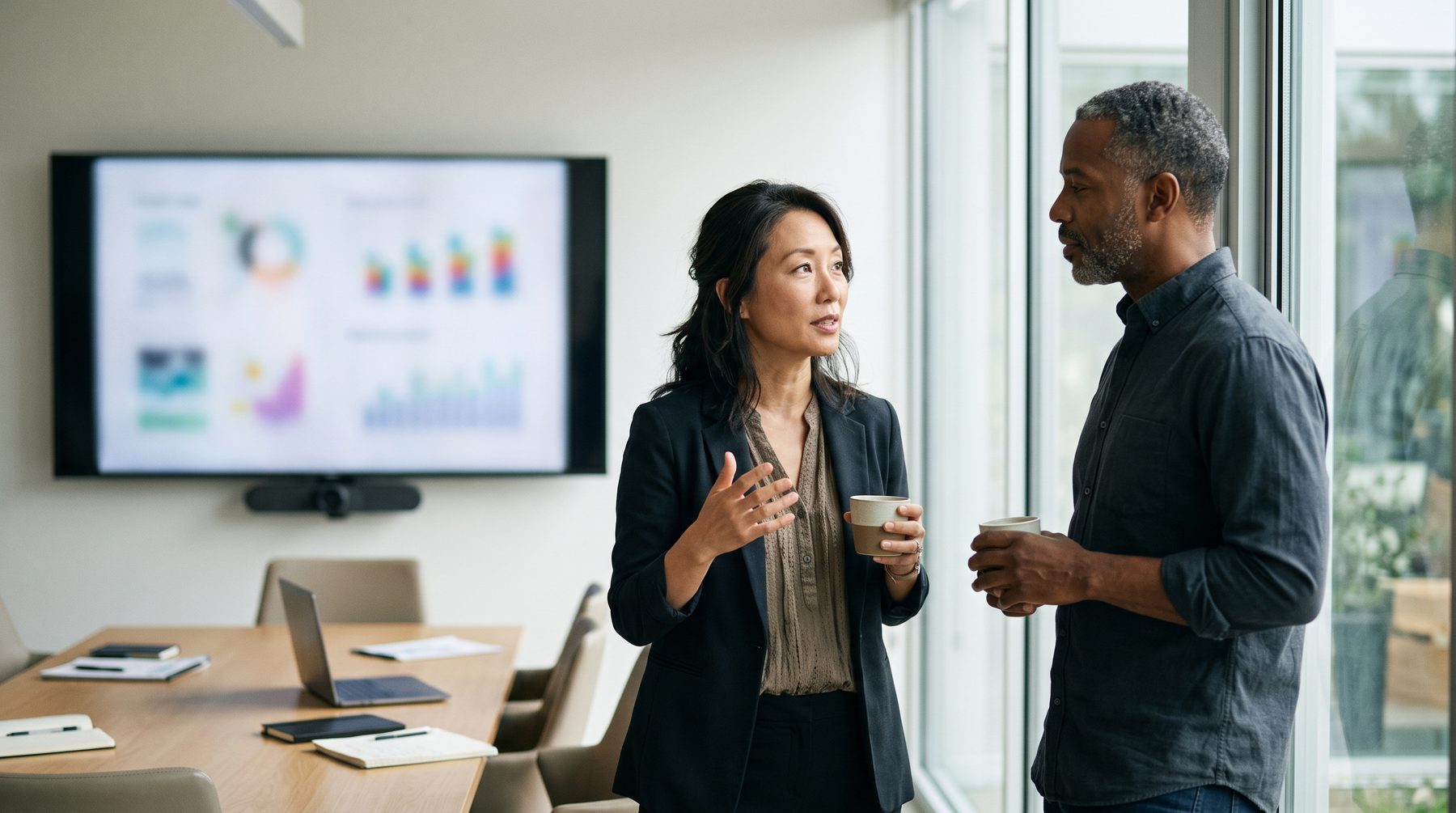 Two colleagues stand beside a glass wall reviewing charts on a large monitor in a meeting room.