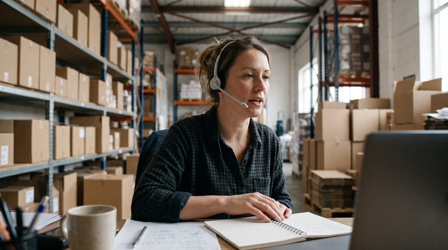A woman in a headset takes a call at a desk in a warehouse with shelving and boxes behind her.