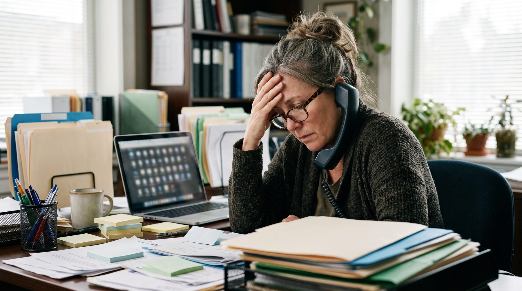 A tired woman with a phone on her shoulder looks at a crowded laptop screen at a cluttered desk.