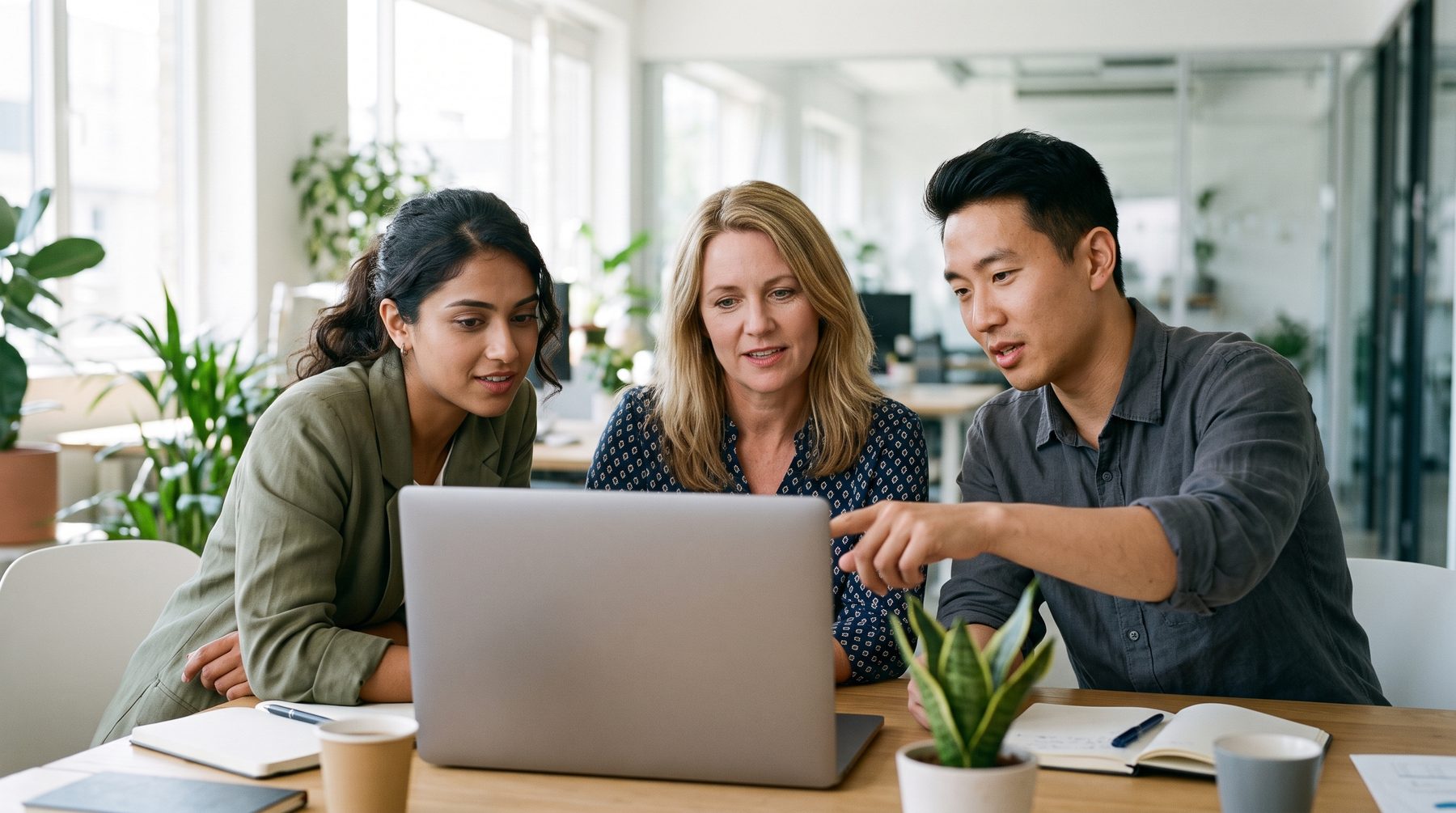Three colleagues gather around a laptop at a meeting table in a bright office.