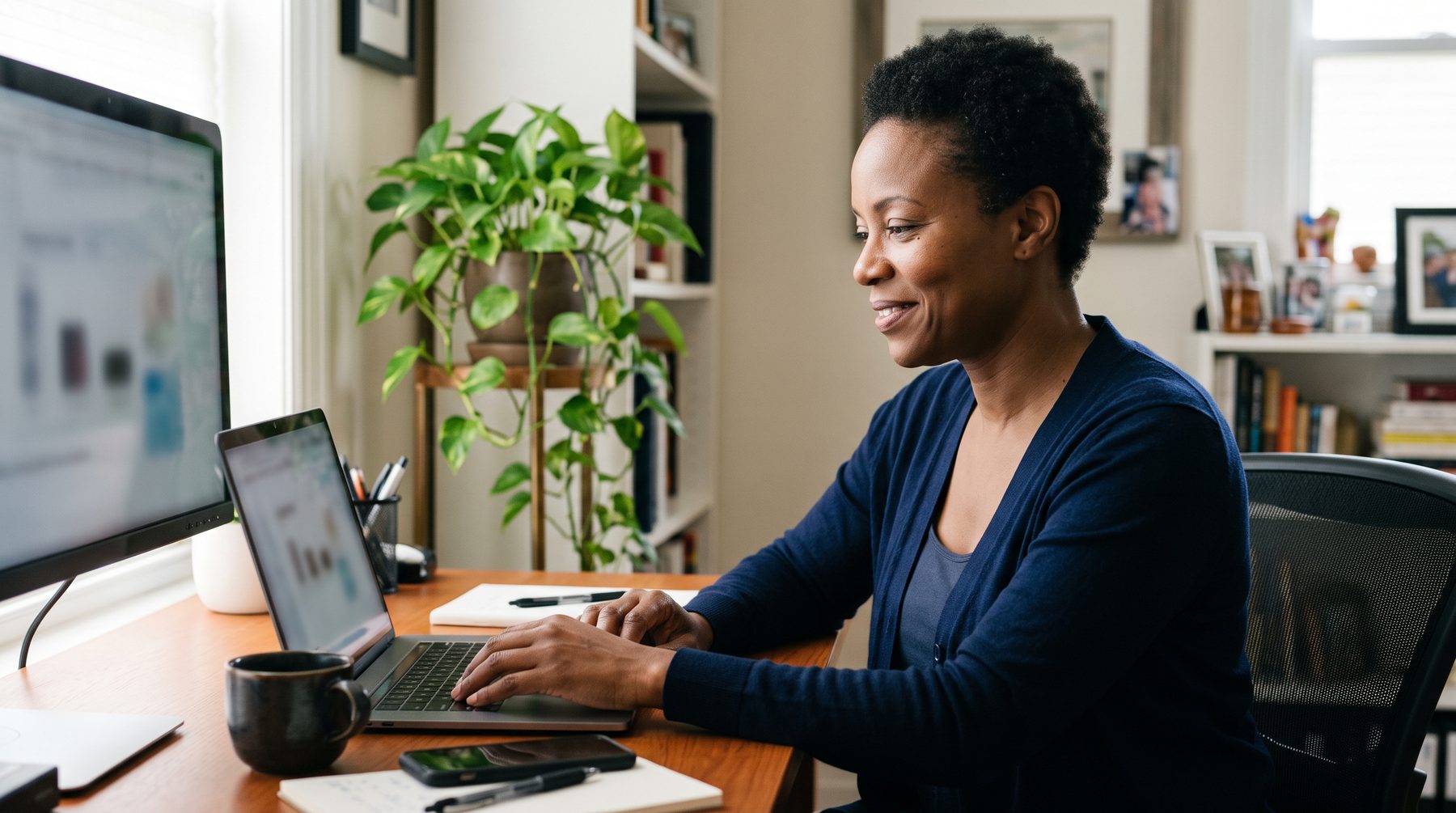 A woman in a navy cardigan reads her laptop at a tidy desk in a bright office.