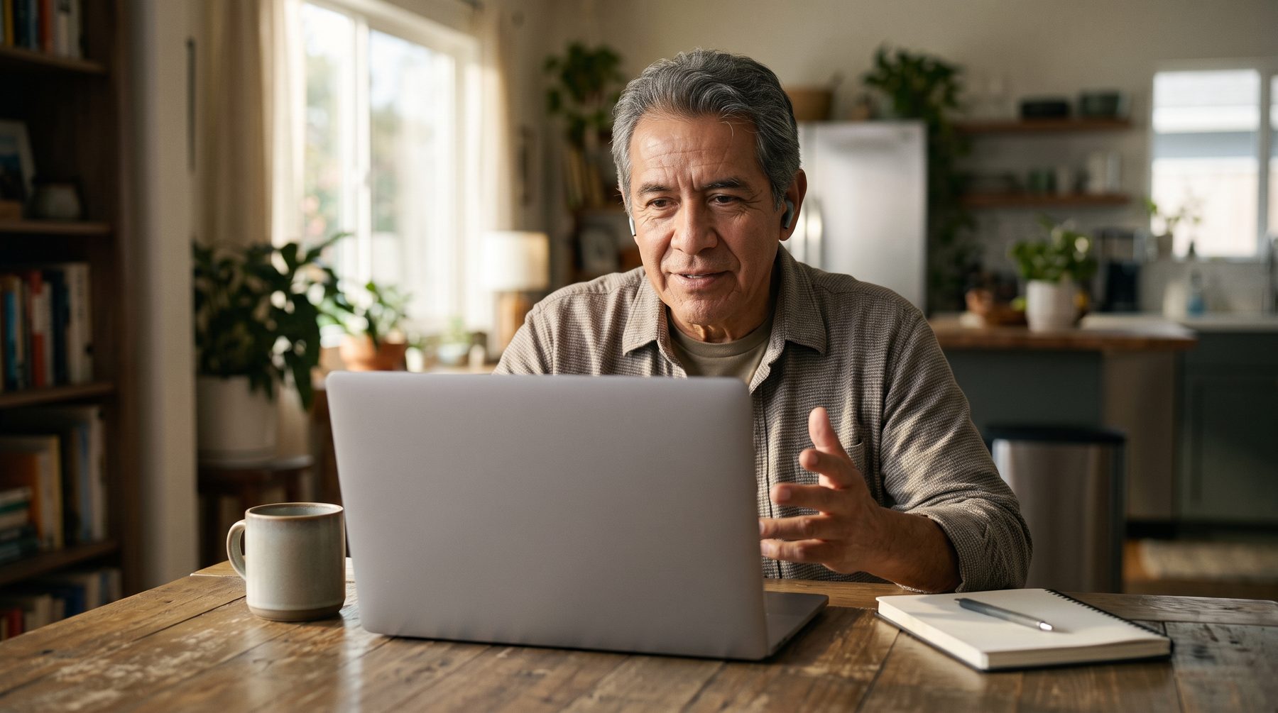 An older man wearing earbuds speaks to a laptop at a wooden table in morning light.