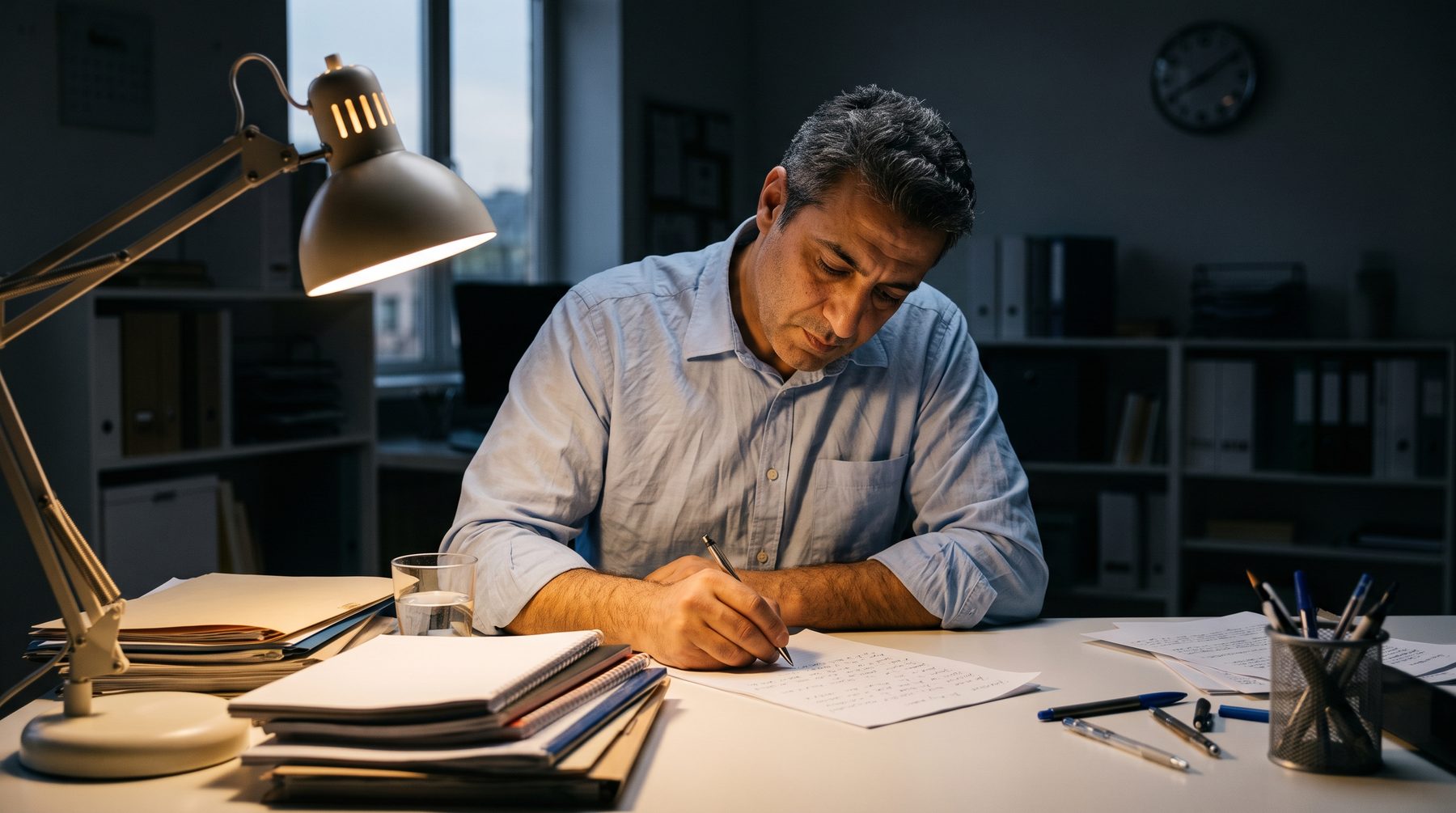 A man writes notes by hand at a desk after hours under a lamp in a dark office.