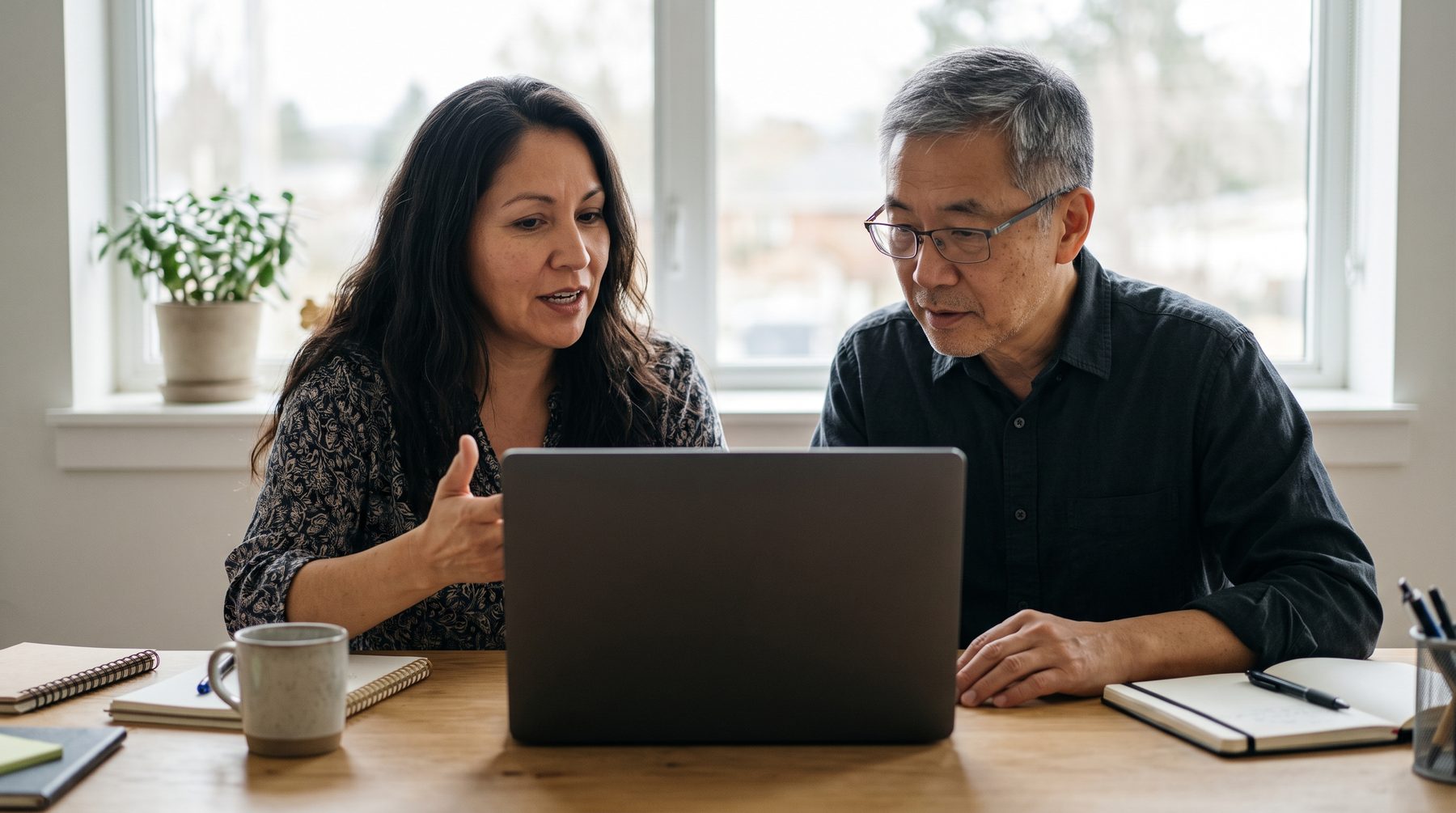 A woman and an older man talk at a desk in front of a laptop, she gestures while explaining.