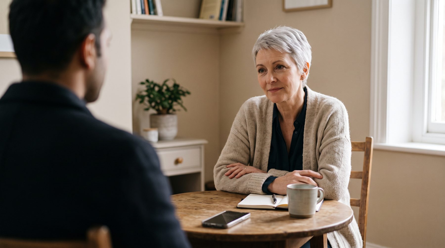 A woman adviser listens to a client across a small table in a calm consultation room.
