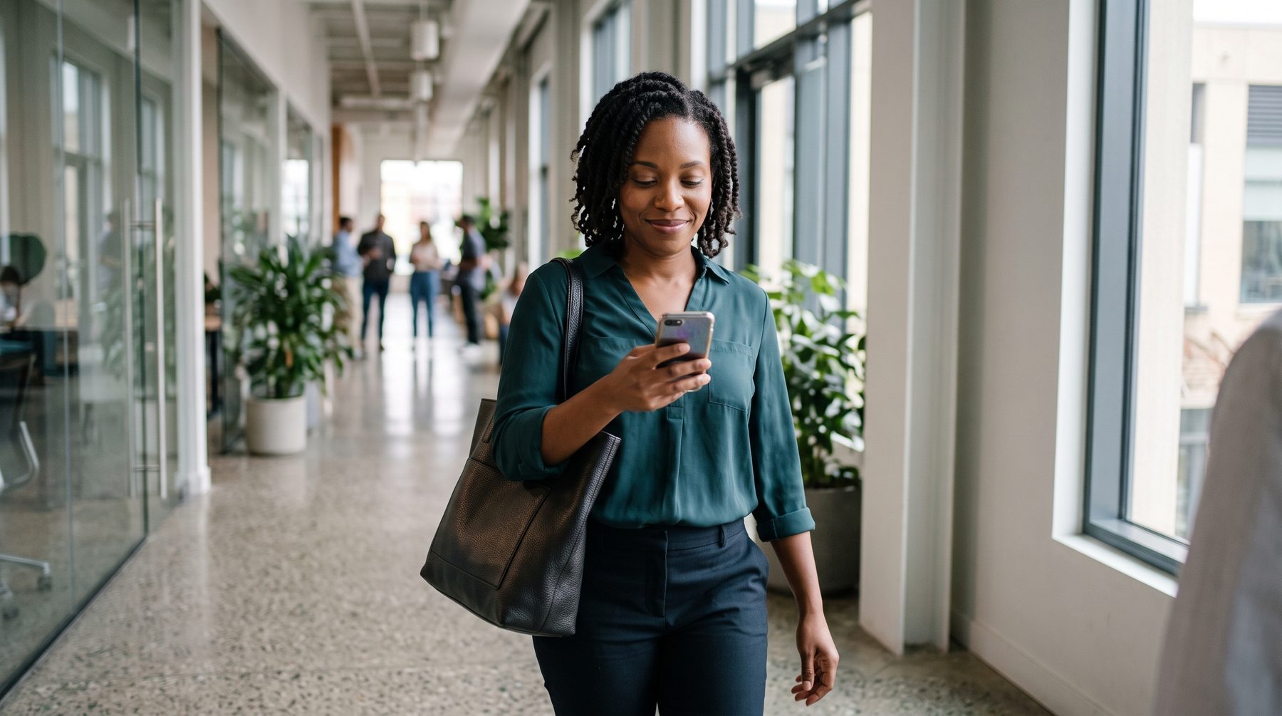 A woman walks down a bright corridor glancing at her phone with a small smile, a tote bag on her shoulder.
