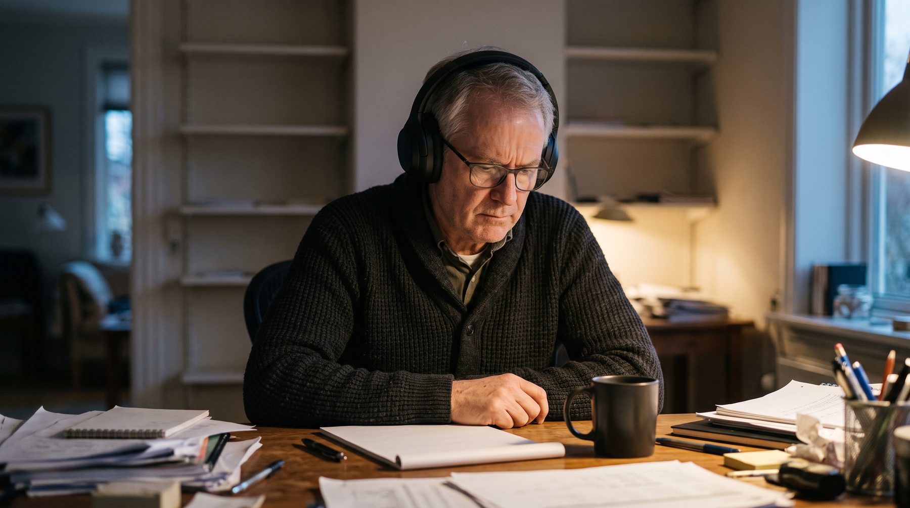 An older man in plain over-ear headphones frowns in concentration at a cluttered desk by lamp light.