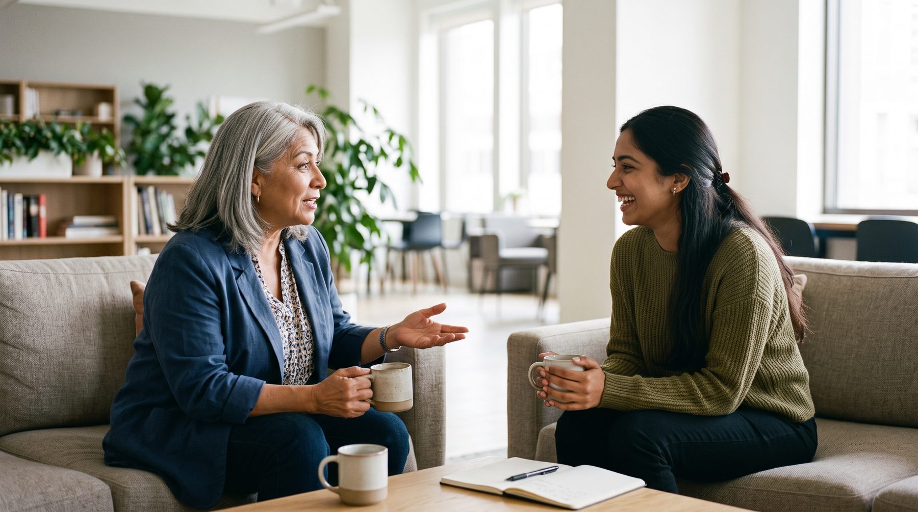 An older woman and a younger woman chat over coffee on a sofa in a bright office lounge.