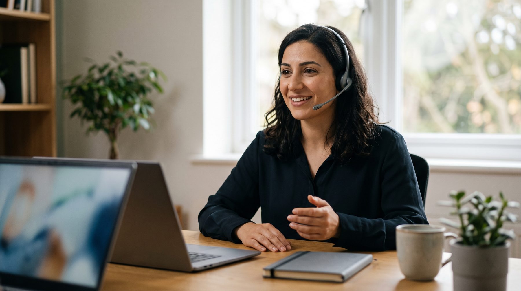 A smiling woman wearing a headset sits at a tidy desk with a laptop in a bright small office.