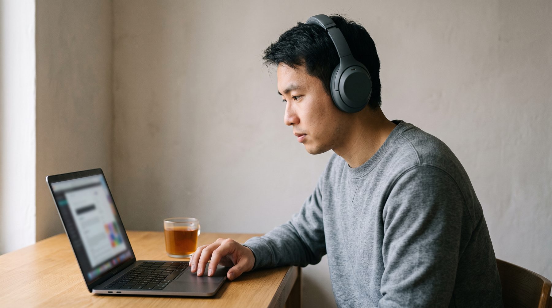 A young man in over-ear headphones reviews a call on a laptop at a wooden desk with a glass of tea.
