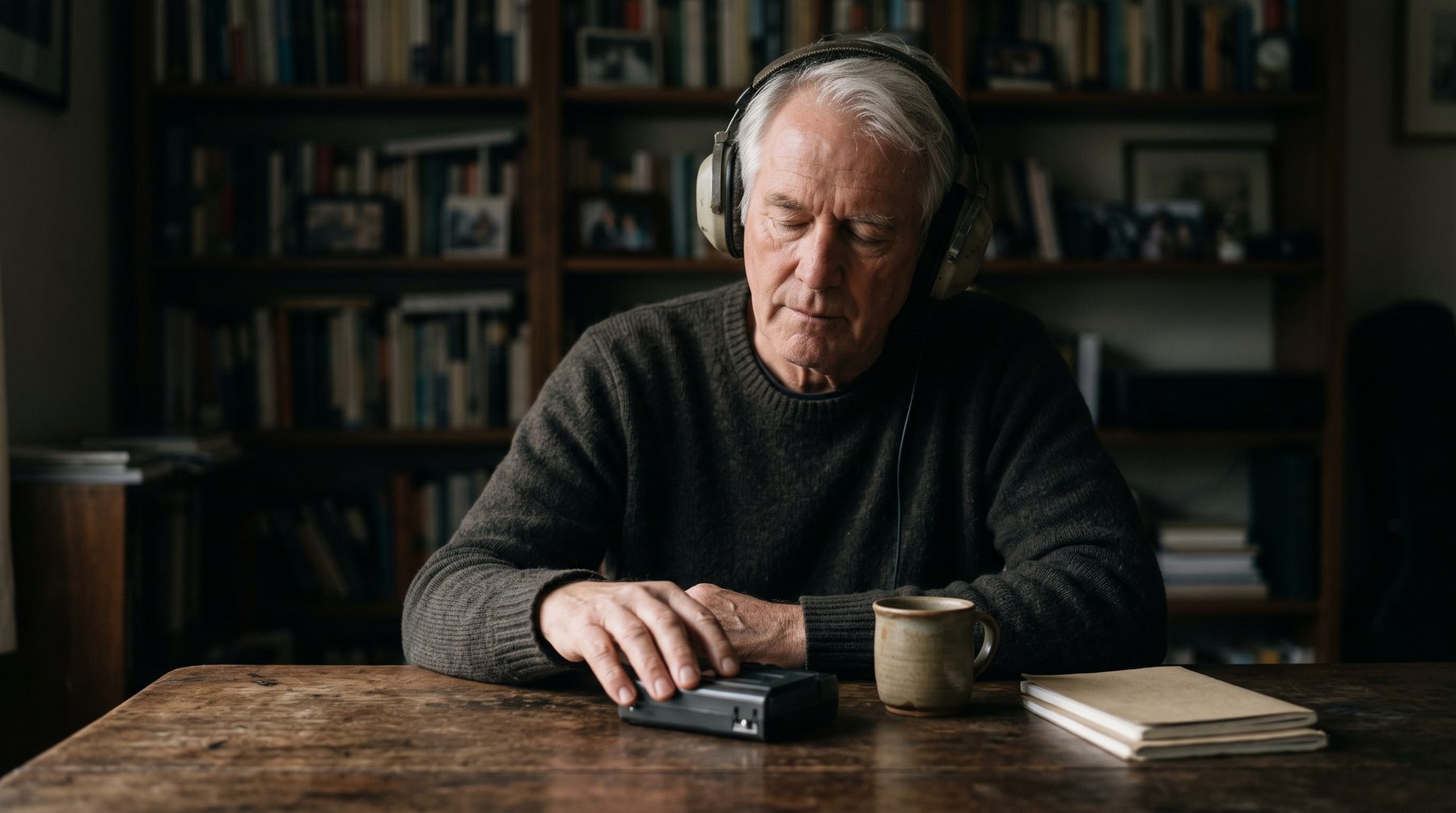 An older man in over-ear headphones listens with eyes closed at a dim desk.