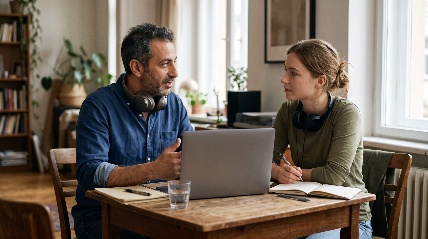 A manager and a young colleague share a laptop in a sunlit room during a coaching session.