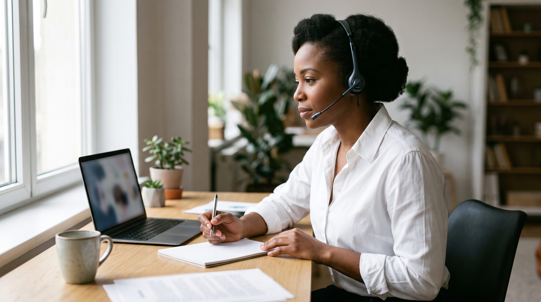 A researcher in a headset listens intently to a call at a tidy desk by a window.