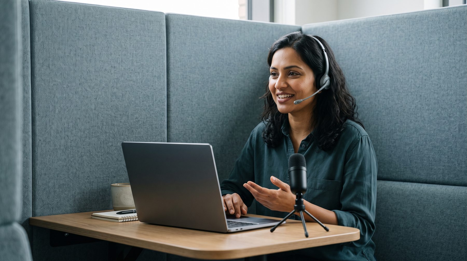 A woman in a headset speaks in a quiet booth with a laptop and small microphone.