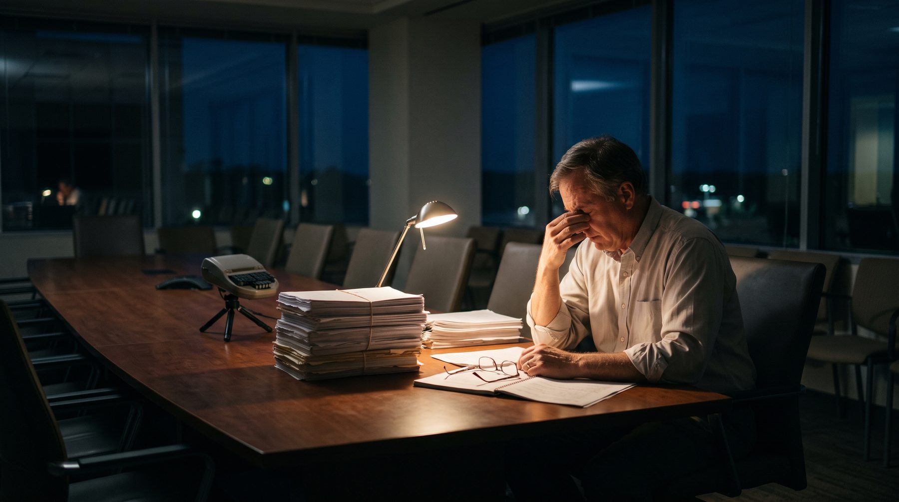 A tired man in reading glasses works late at a long table beside tall stacks of paper.