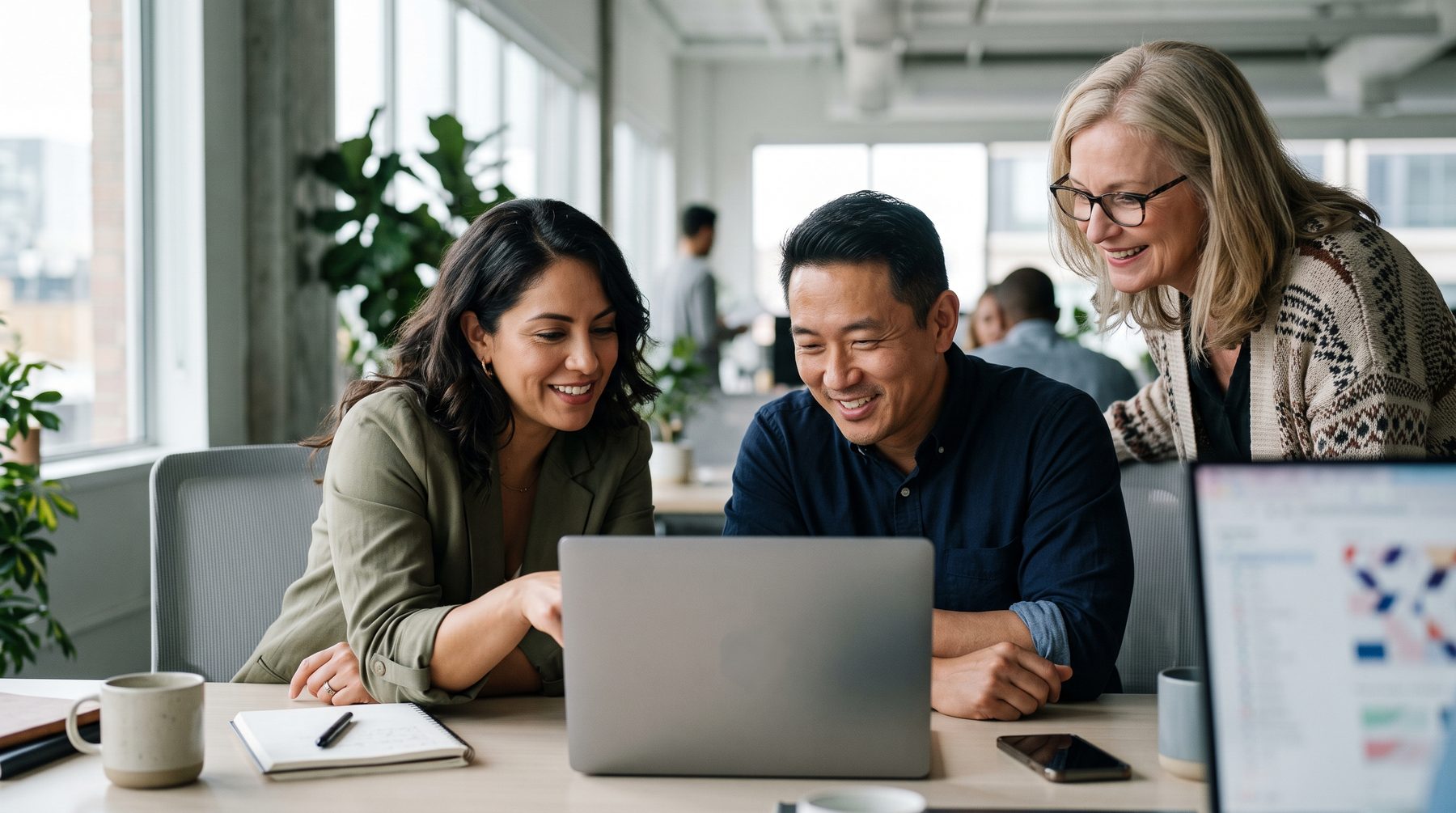 Three colleagues lean over a laptop in a bright office, pointing at the screen and smiling.