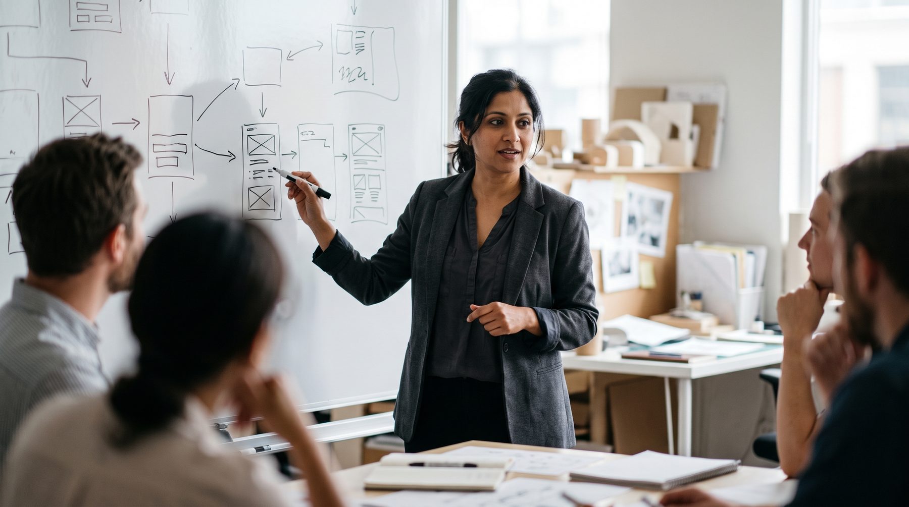 A product lead explaining a workflow at a whiteboard to colleagues in a quiet studio.