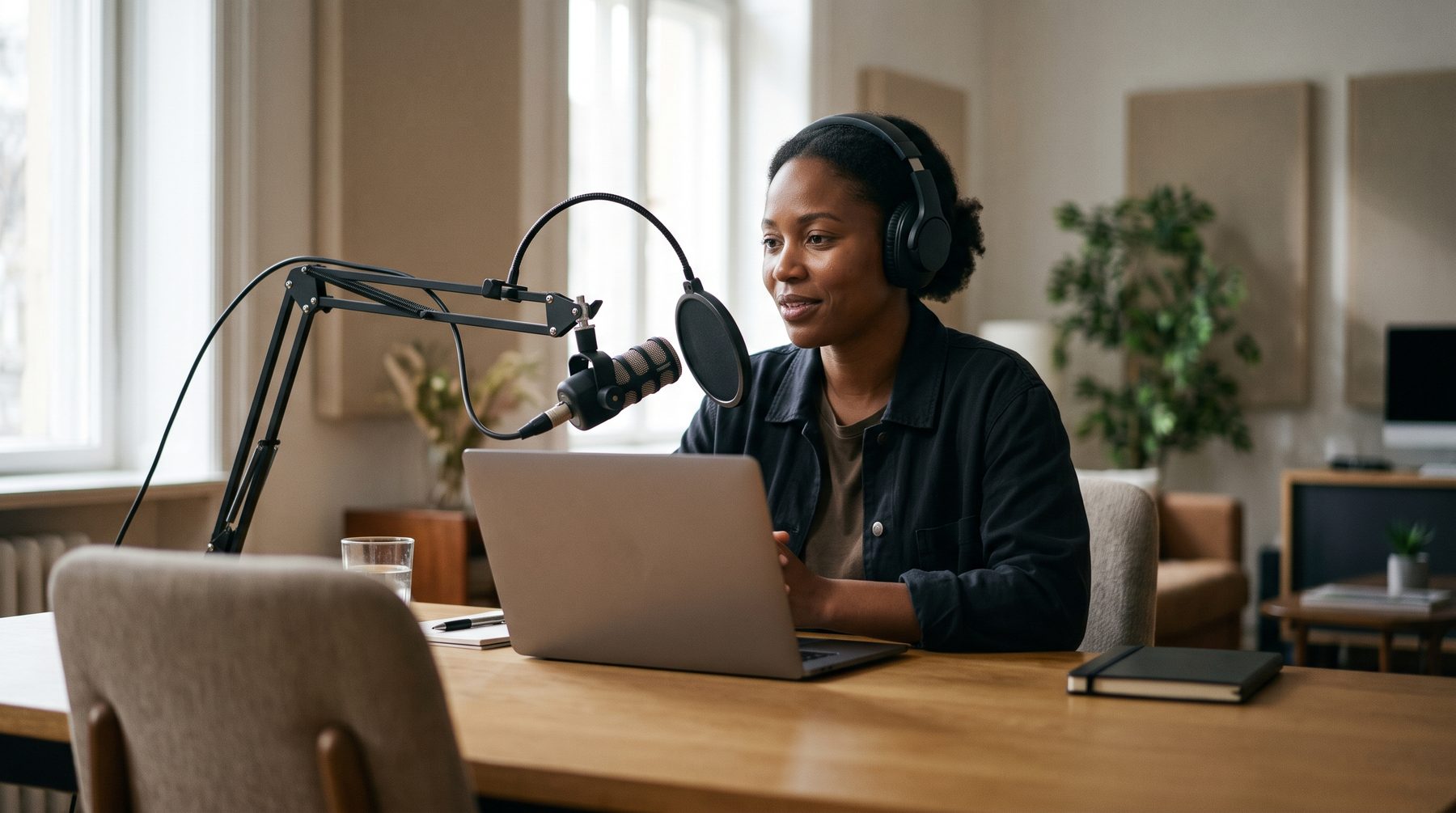 A woman with a headset at a microphone in a calm interview room, laptop open in front of her.