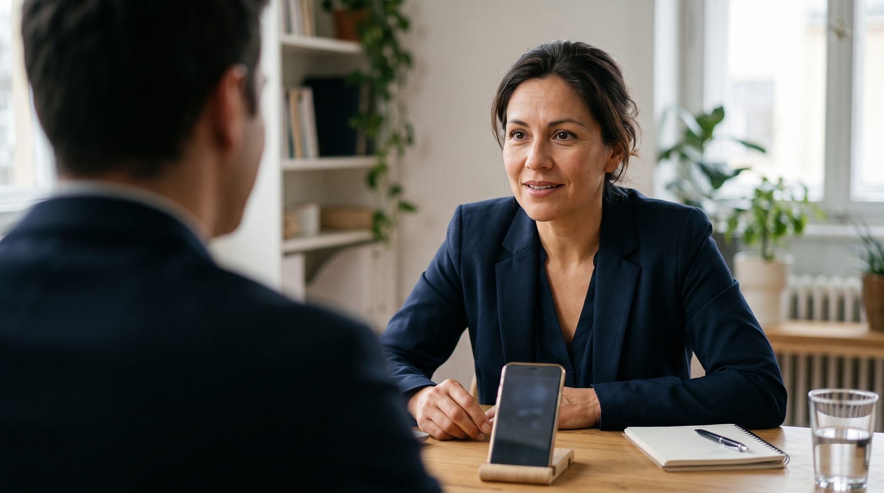 A woman recruiter in a blazer leans in during an interview in a quiet room, a phone resting on the table.