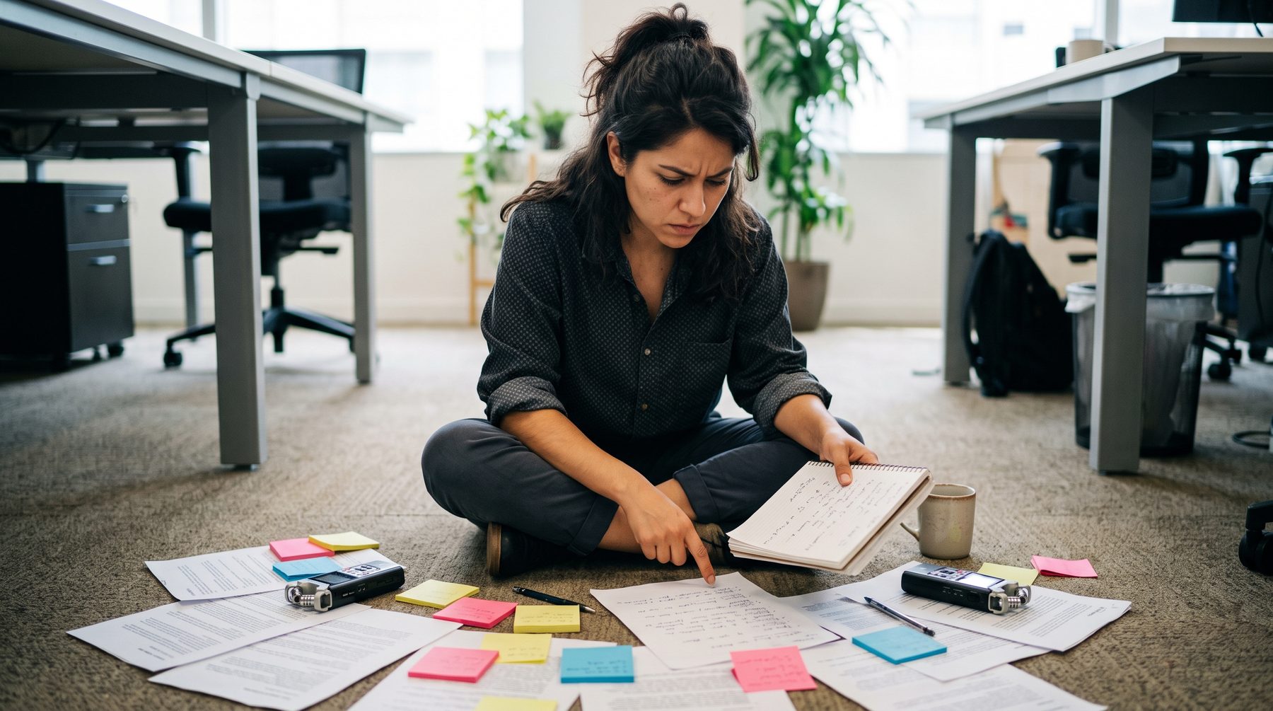 A young woman sits on an office floor among printed pages and notes, comparing handwritten translations.