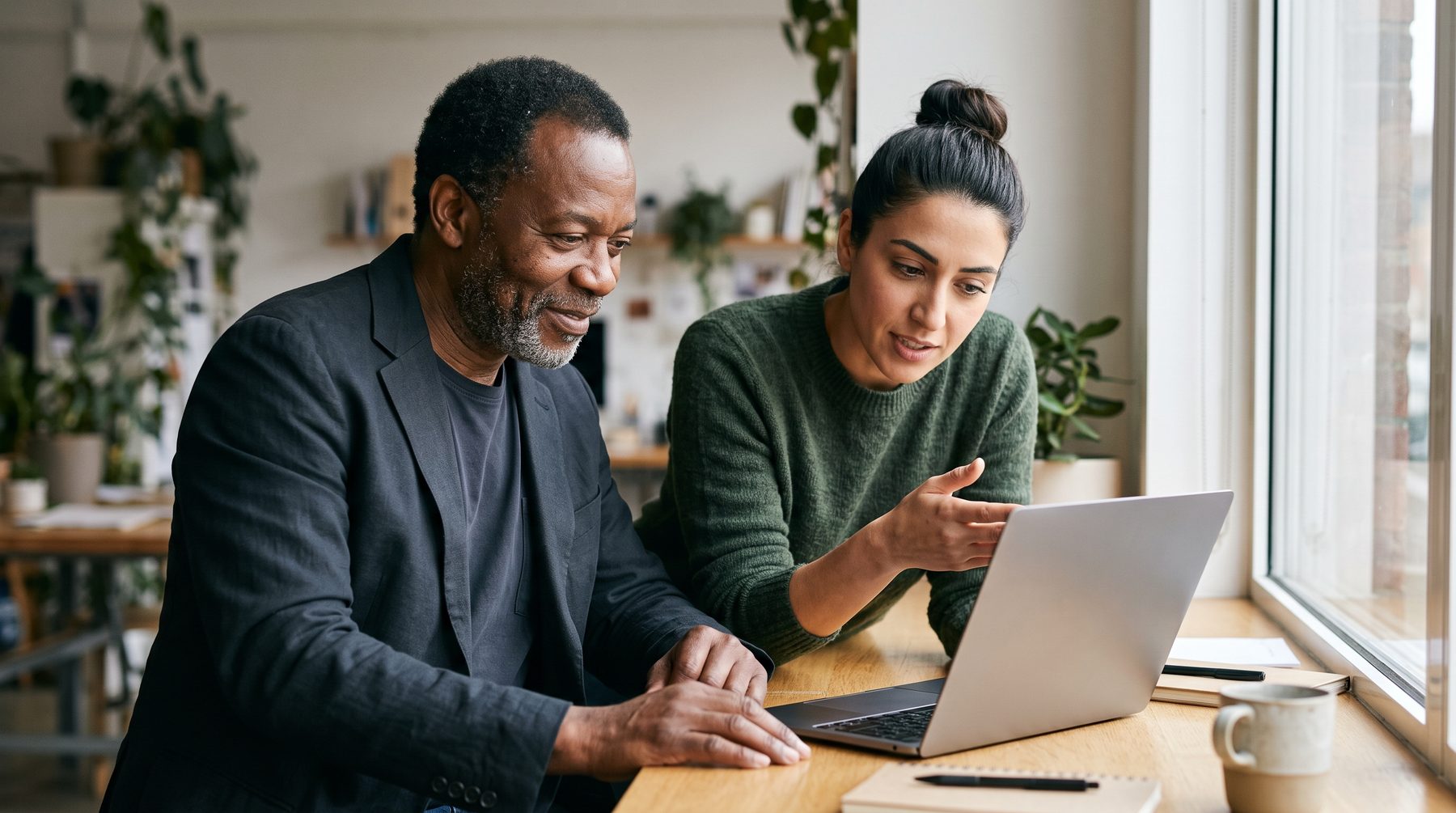 Two colleagues lean over one laptop beside a bright window and discuss results together.