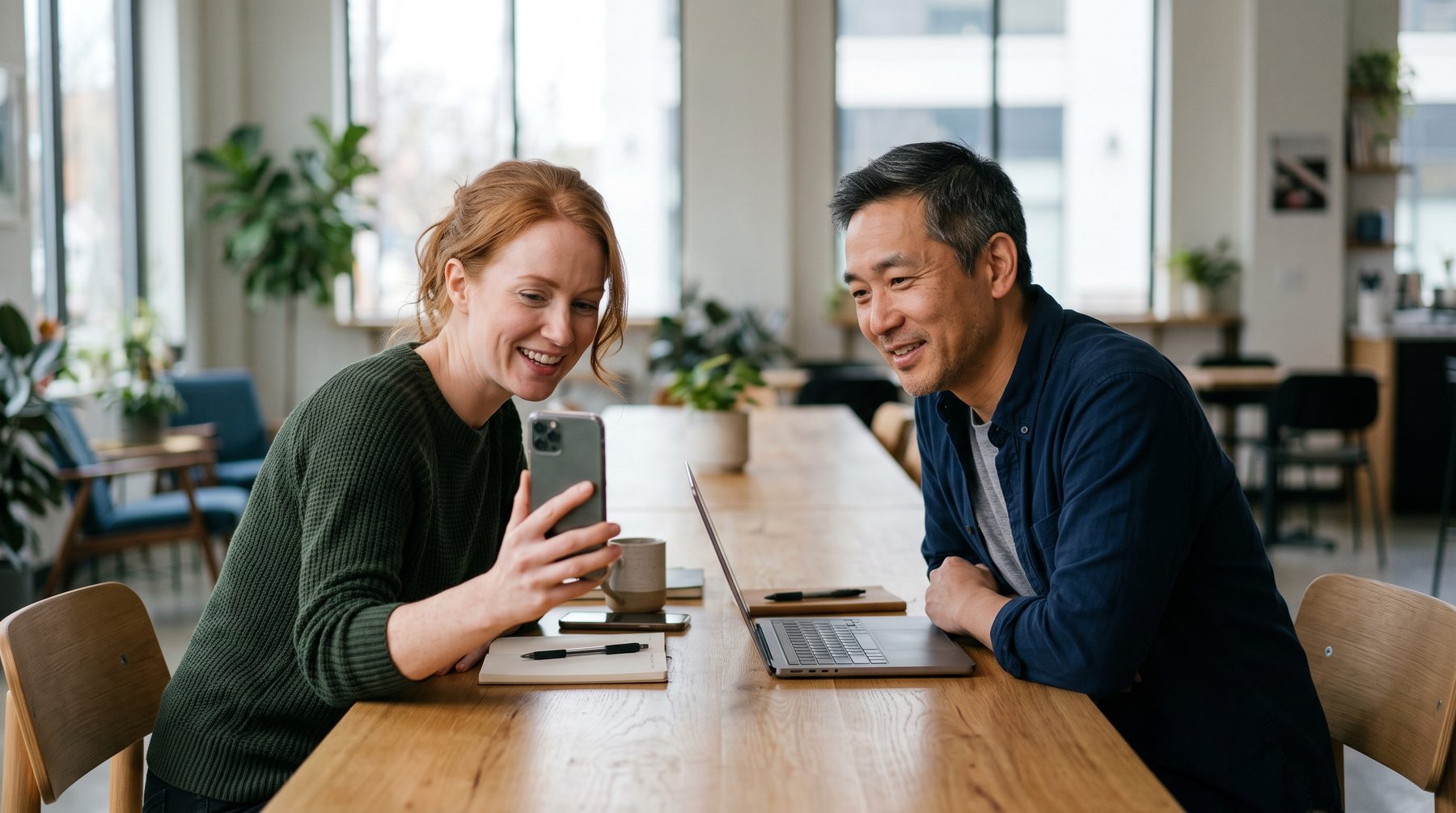 Two colleagues at a table record a short video message on a phone propped upright.