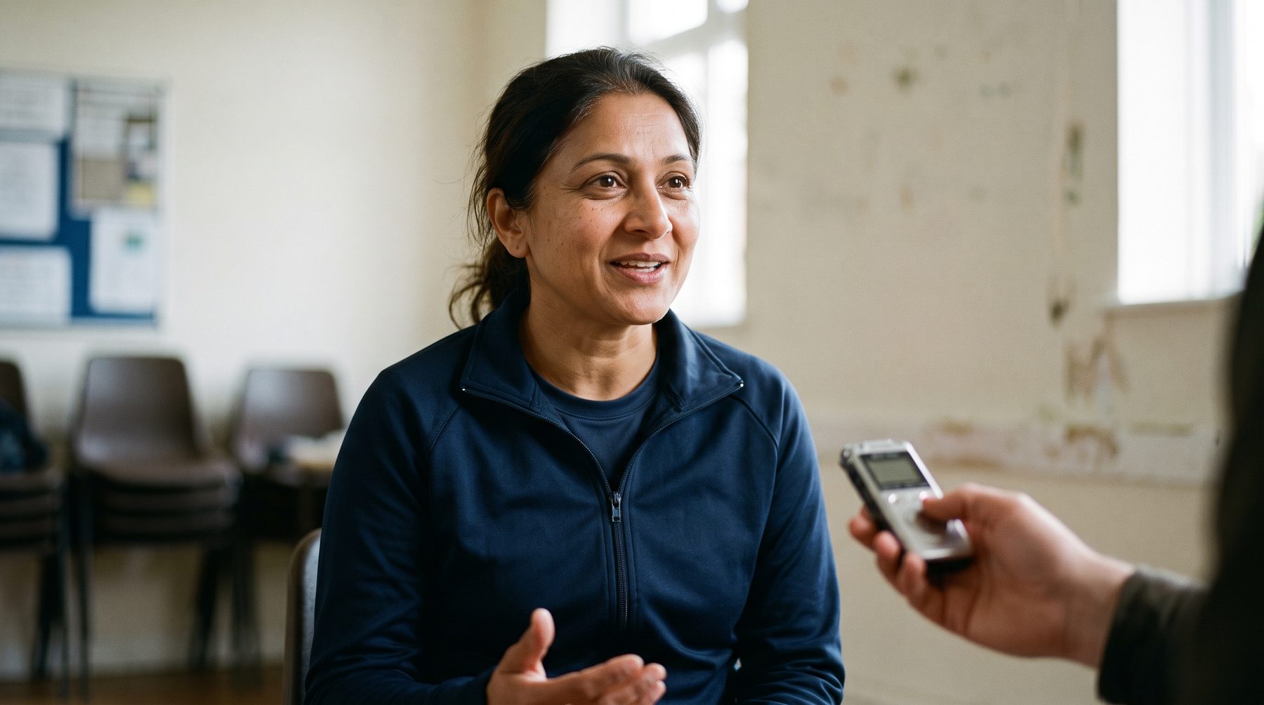 A South Asian woman in a tracksuit is interviewed in a quiet sports hall with a handheld audio recorder