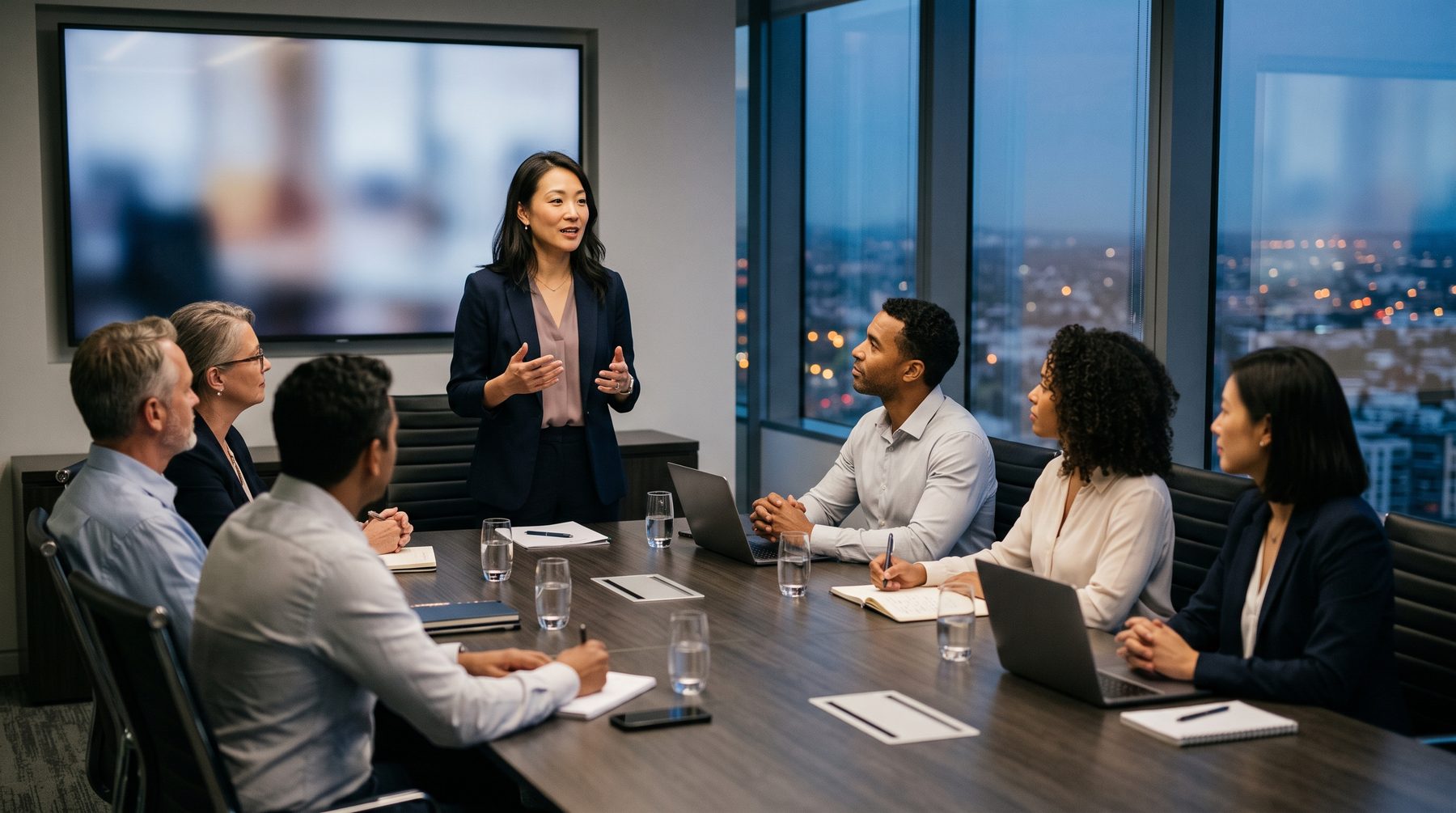 A woman presents findings to a boardroom of six people with a blurred wall screen behind her