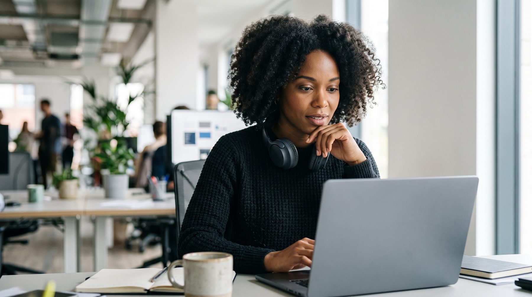 A woman with natural curls and headphones around her neck reviews material on a laptop in a bright open-plan office.