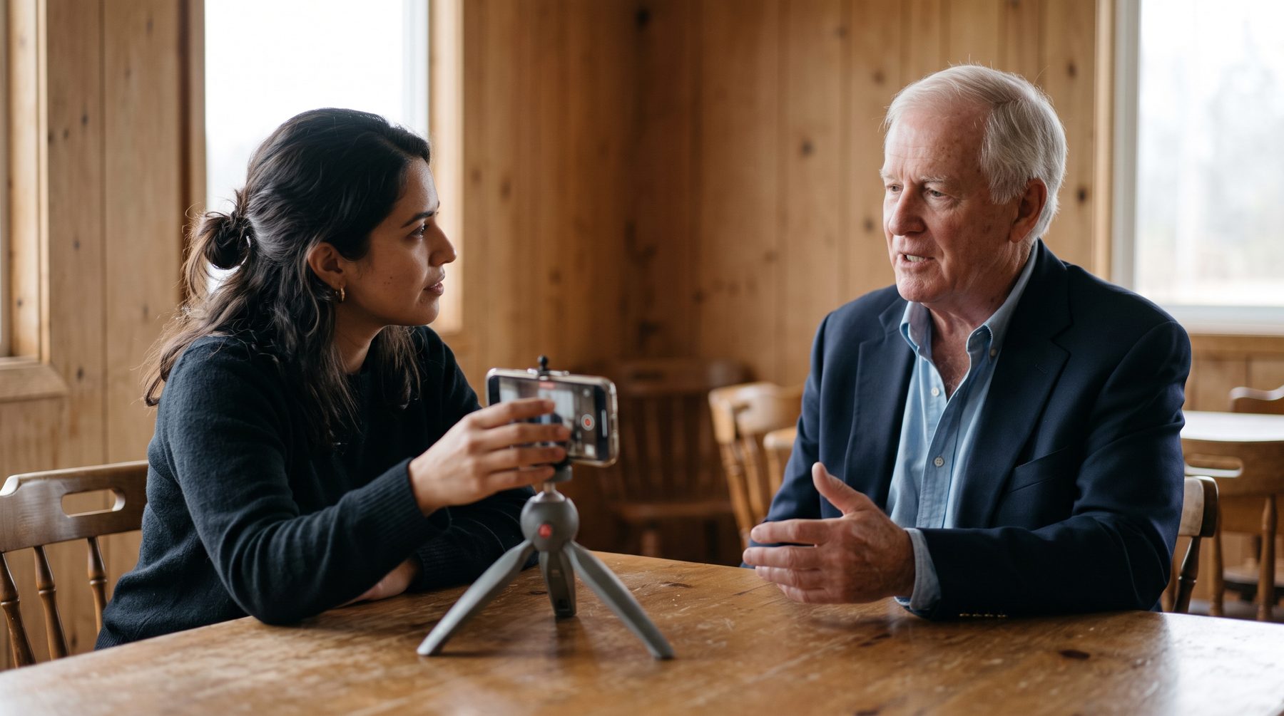 A woman records a short video interview with an older man on a phone and tripod in a plain clubhouse