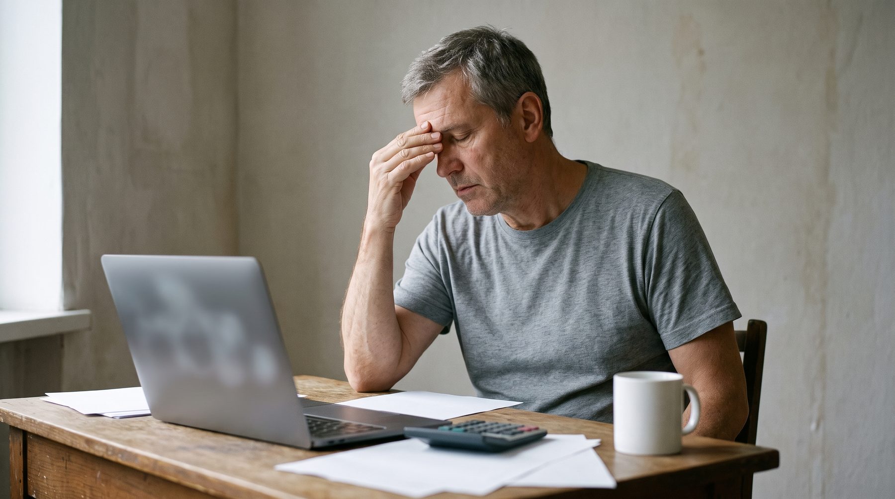 A man alone at a desk covered in loose papers rubs his temple while looking at a laptop.