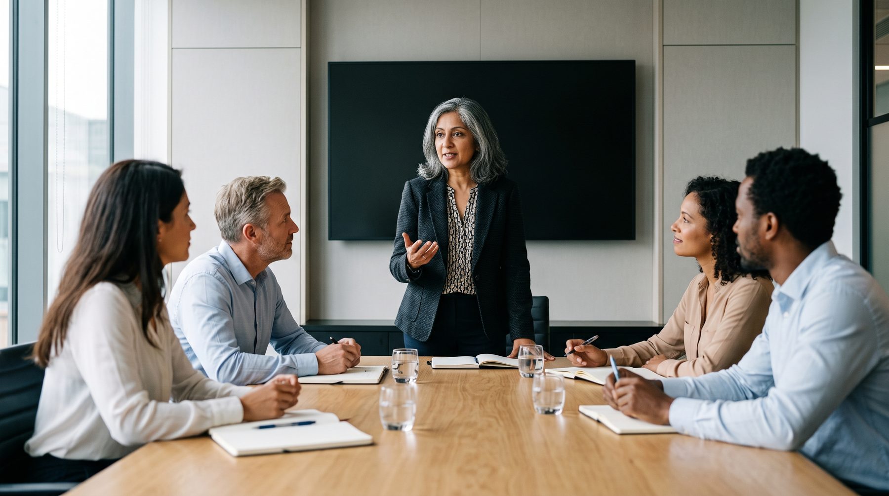 A woman in a blazer speaks to four attentive colleagues around a boardroom table.