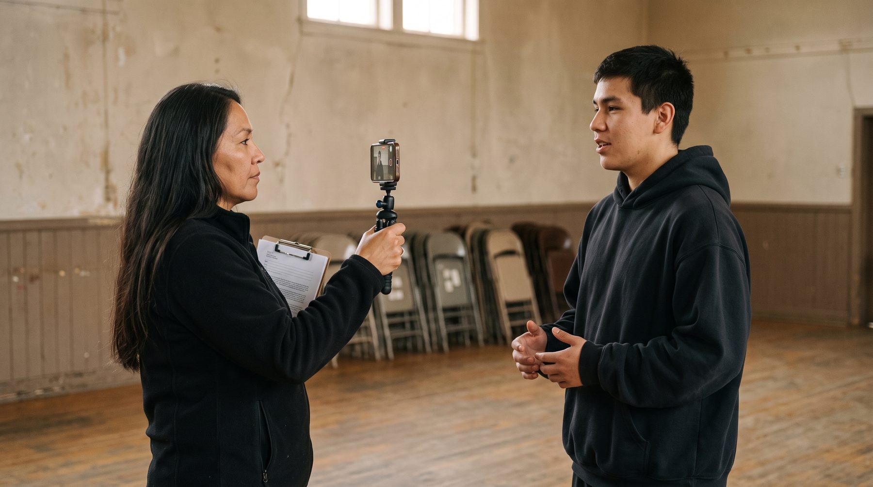 A woman with a phone on a small tripod interviews a young man in a plain community hall.