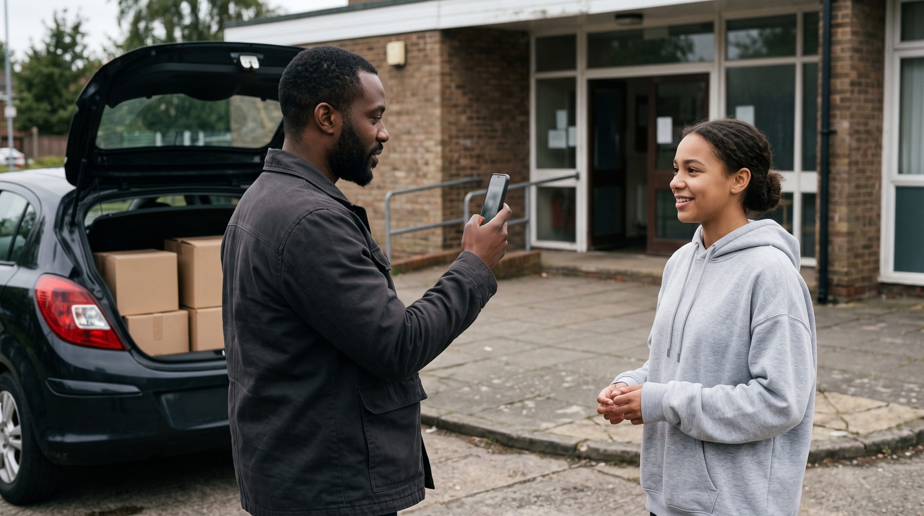 A man holds up a phone to record a short chat with a smiling teenage girl beside a car in a car park.