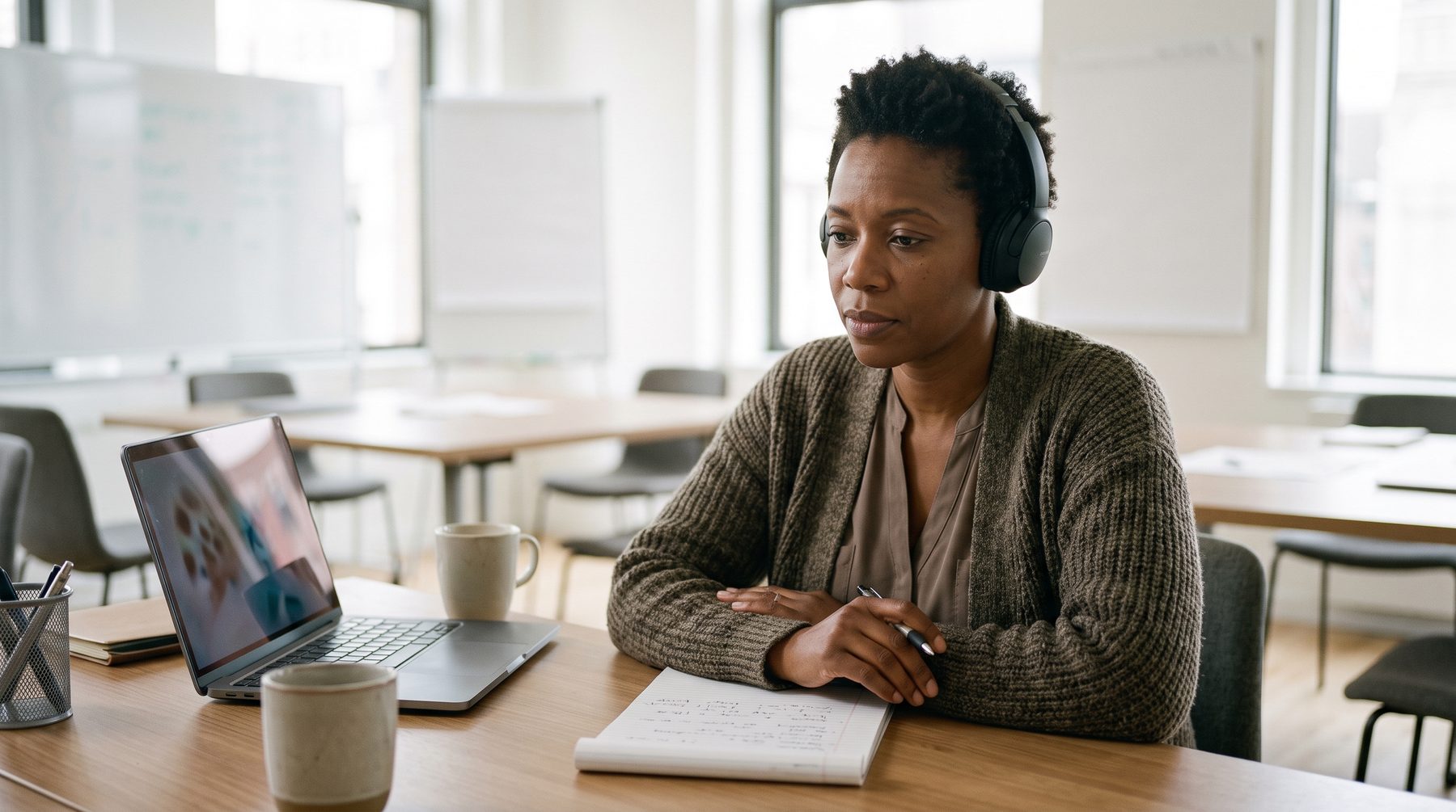 A trainer wearing headphones listens closely to a recording at her desk in a bright training room.